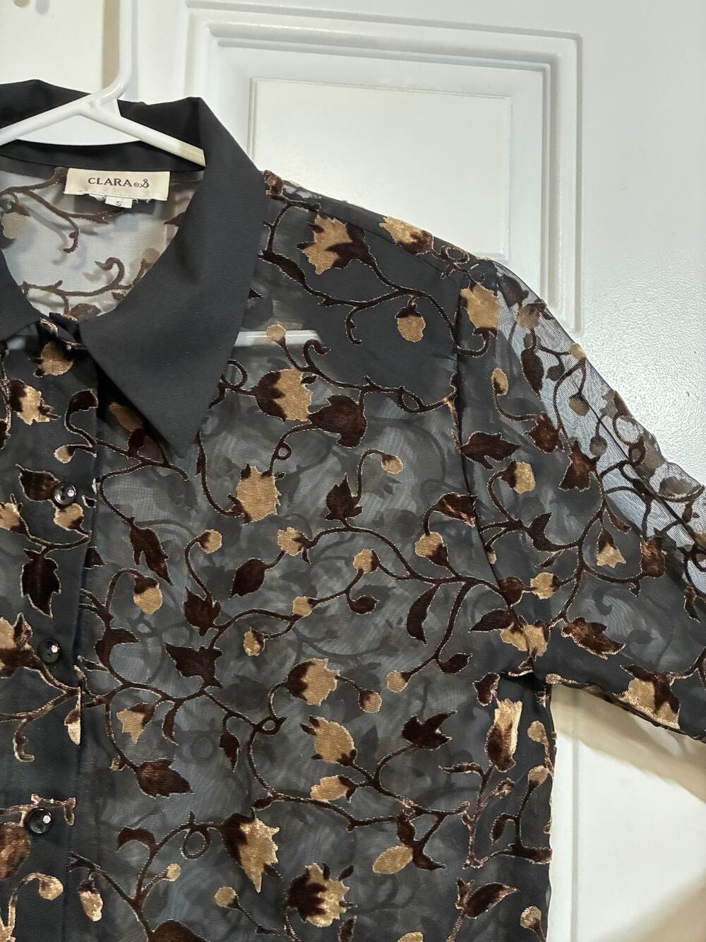 Sheer Burnout Velvet Floral Button Front Blouse Black Brown Size S 3/4 Sleeve